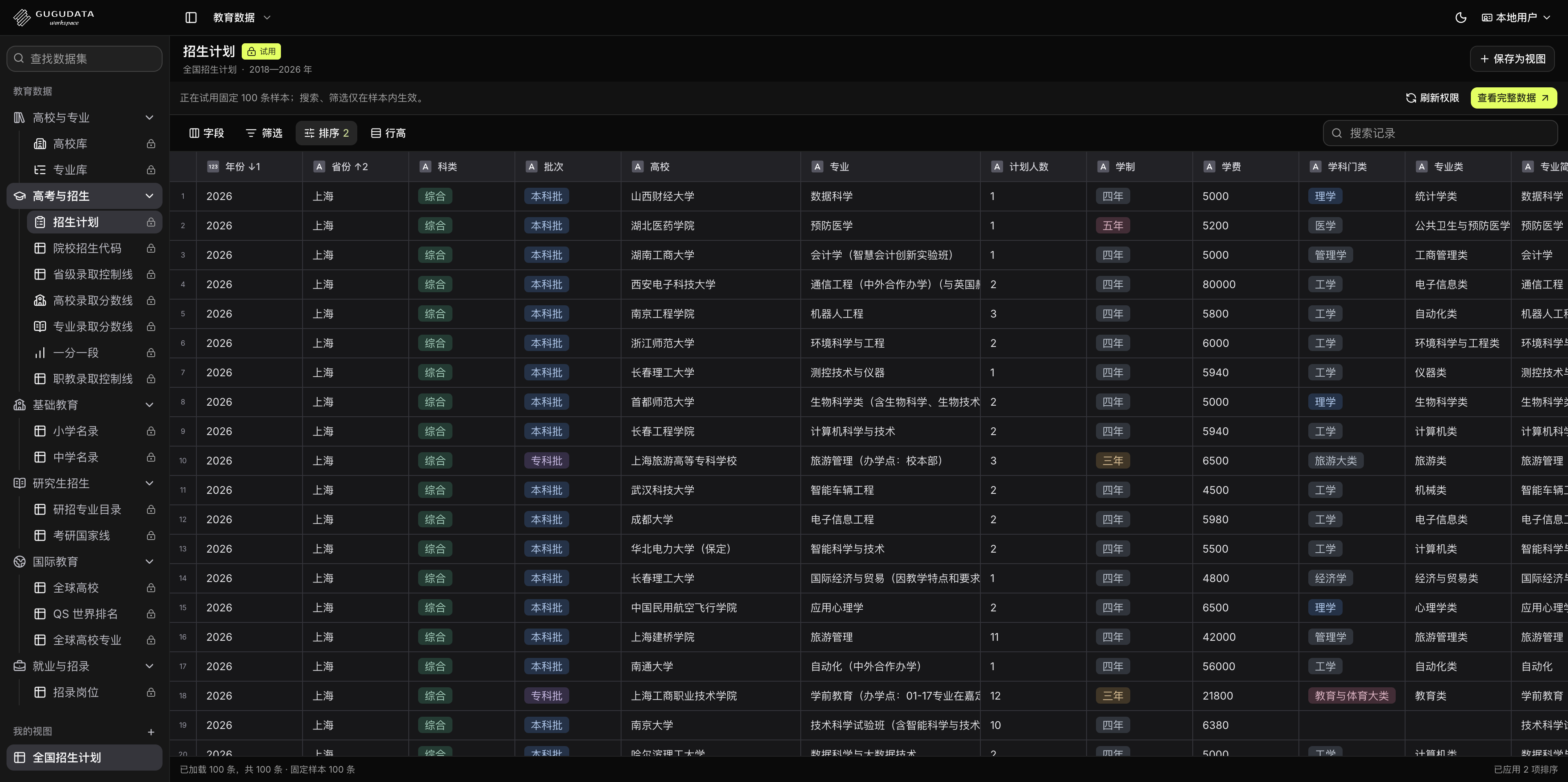 招生计划深色工作区：左侧教育数据目录与个人视图，顶部字段、筛选和排序工具栏，以及带分类标签的数据表格。